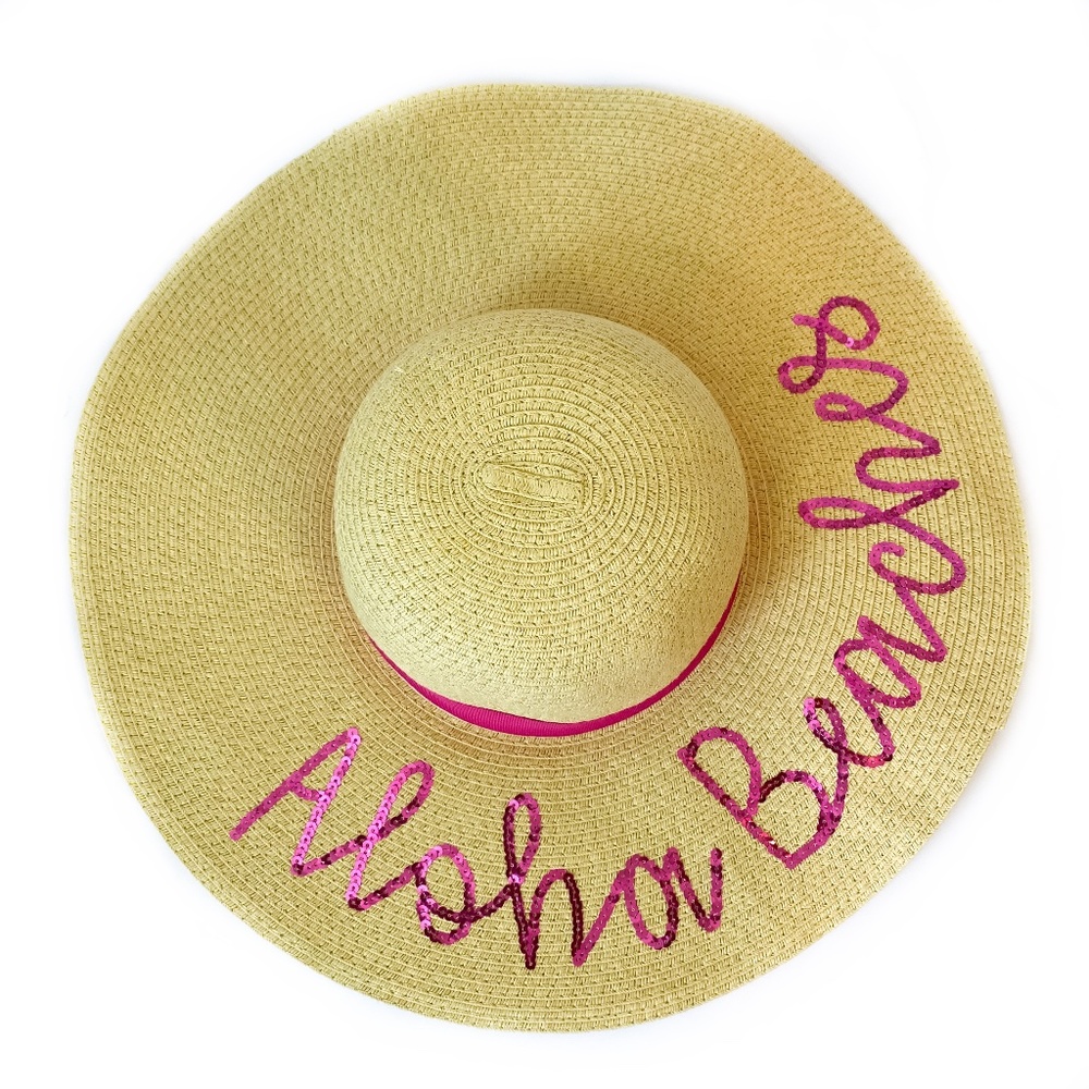 Aloha Beaches Straw Sun Hat Pink Sequined Floppy